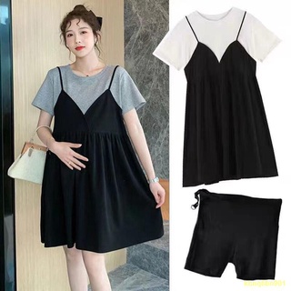 พร้อมส่ง #🔥ชุดคลุมท้องแฟชั่น Hot Mom Fake Two Pieces Short Sleeve Loose Maternity Top Dress