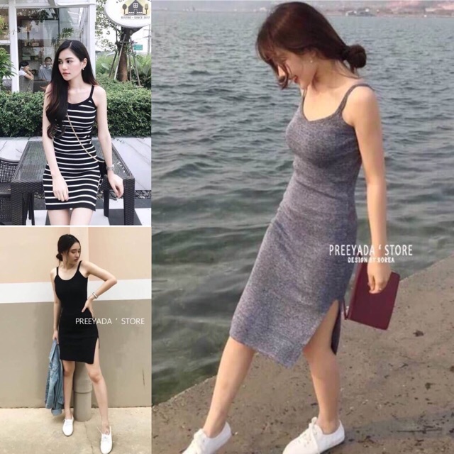 เดรสไหมพรม เดรสสายเดี่ยว ผ่าข้าง ใส่แล้วหุ่นดี น่ารักมาก ลดราคา