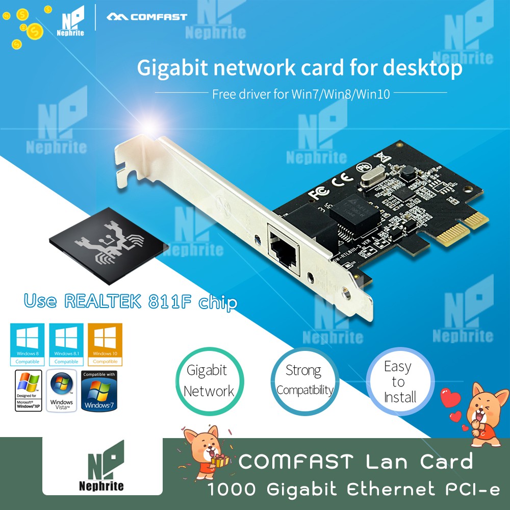 LAN​ PCIe​ COMFAST 1​G LAN CARD CF-P10 Realtek 8111F Gigabit Ethernet PCI-E 10/100/1000Mbps NIC RJ45