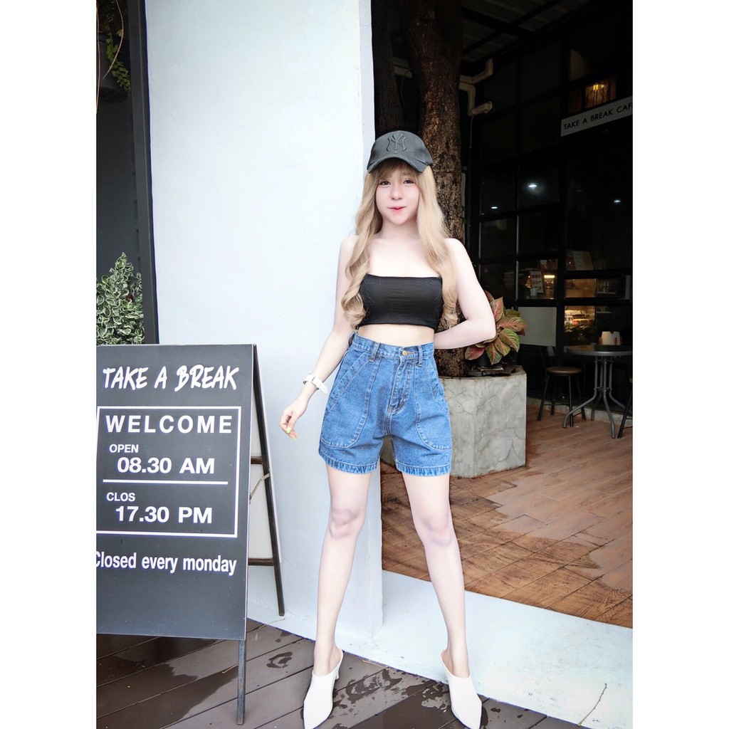 Cc jeans 186 S-3XL กางเกงยีนส์ผู้หญิง ขาสั้น เอวสูง แต่งกระเป๋าหน้า สีเข้มกลางฟอก - รูปที่ 2