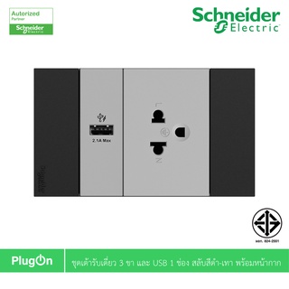 Schneider Electric ชุดเต้ารับเดี่ยว 3ขา ขนาด 2ช่อง +เต้ารับ USB Type ขนาด 1ช่องสีเทา พร้อมหน้ากากสีดำ รุ่น AvatarOn A