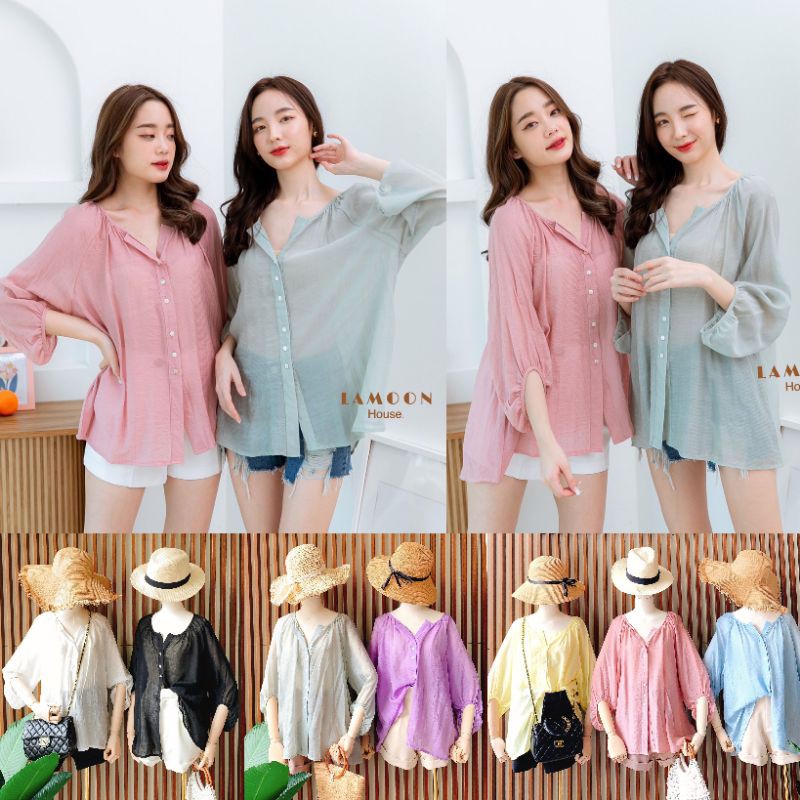 พร้อมจัดส่ง ป้าย LAMOON BY GI-ANTS เสื้อคอวีผ้าปลายแขนสม๊อก กระดุมหน้า ผ้าทิ้งตัว ไซต์ใหญ่ ใส่สวย LM-03