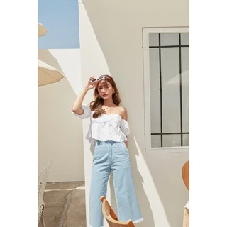 Sis story กางเกงยีนส์ เอวสูง ขาบาน ห้าส่วน Sis501 Bella Culotte Jeans - Blue/ Lightblue/ WHite