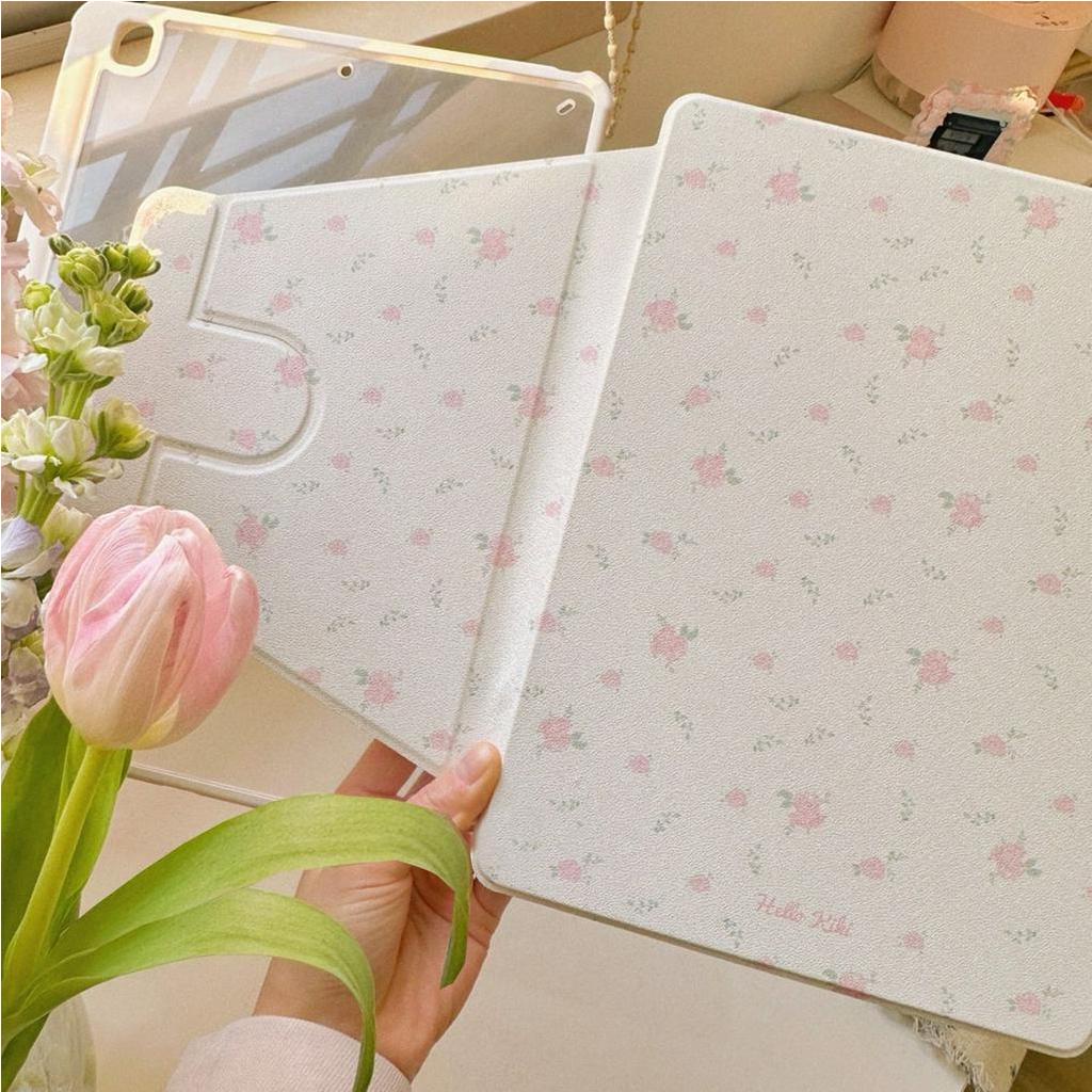 24 ชั่วโมงเคส เคสiPadหมุน 360°Air7 Gen11 Pink Floral ช่องใส่ปากกาขวา Acrylic เคส ipad Pro11 MINI7