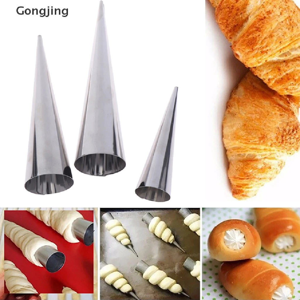 [Gong]12 ชิ้น กรวยหลอดครัวซองต์ กรวยแตรเกลียวเหล็กม้วนครีมขนมปังแม่พิมพ์