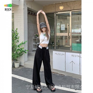 NINI [new season] summer contrast color high waist slimming straight wide leg pants womens hot pants design casual pants draping long pants