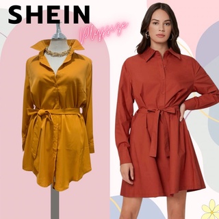 ป้าย SHEIN เดรสเชิ้ตเดรสสาวอวบเดรสสีเหลือง+สายคาดเอว