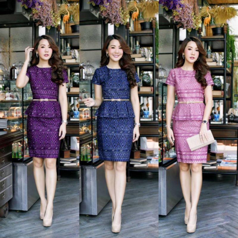 A005 ชุดเดรสผ้าไทยลายแพรวา ล็อตใหม่เข้ามาเพิ่ม พร้อมส่งทุกสีทุกไซส์นะคะ