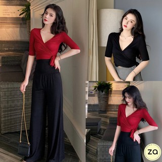 💥HOT SALE💥เสื้อครอป คอวีลึกแขนยาว ผูกเอว