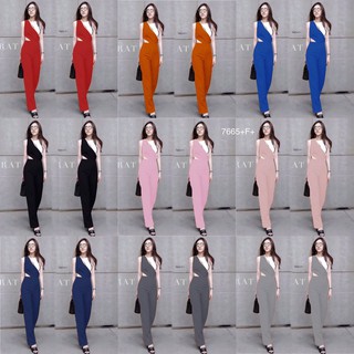 TW7665 TWINS - Jumpsuit ชุดจั้มสูทแขนกู๊ดขายาว แต่งด้านบนเป็นโทน 2 สี