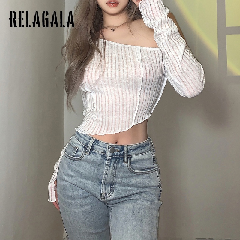 RelaGala ผู้หญิงสีบริสุทธิ์ Slim Navel แฟชั่นไม่สม่ําเสมอไหล่เอียงเสื้อยืดแขนยาว — صورة 5