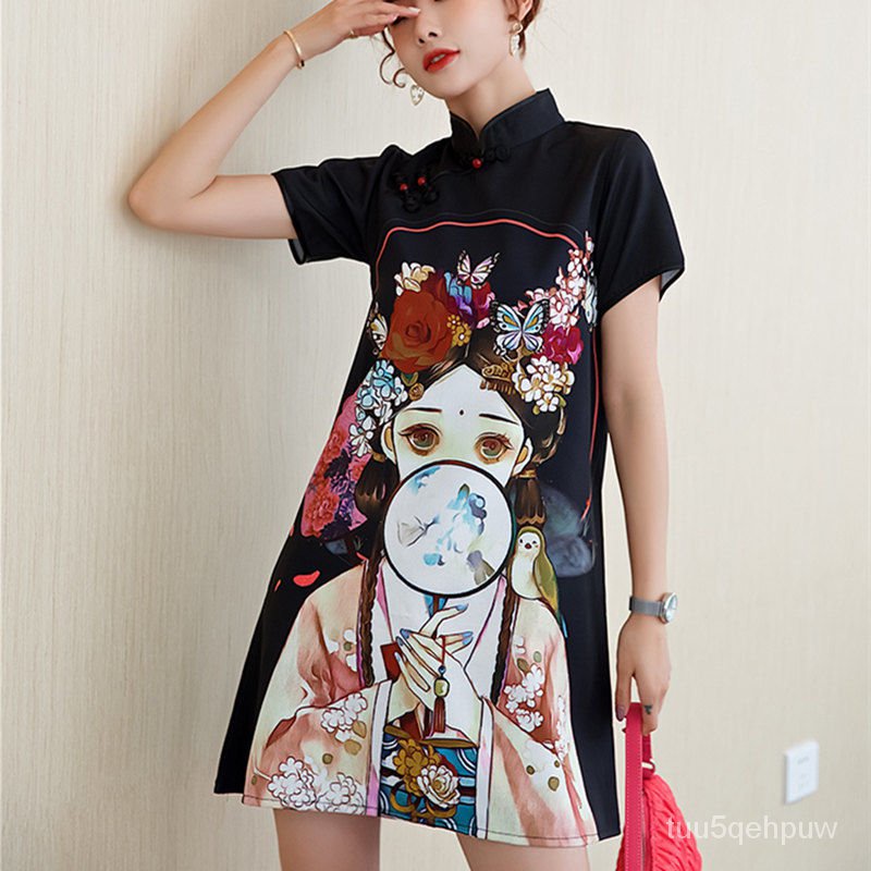 The Day-to-Day Loose Cheongsam Improved Style Girl Black Stand-up Collar Chinese Style Women's Clothing Cheongsam Dress2 #4