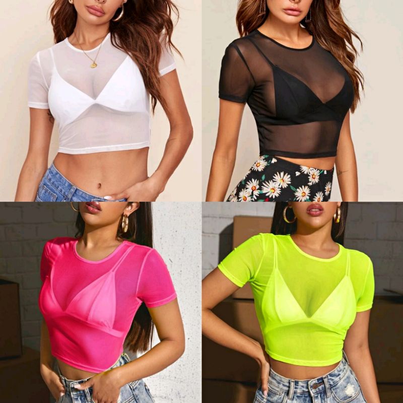 เสื้อครอปซีทรู​แขนสั้น​ เสื้อตาข่าย​ (ไม่มีบรา)​