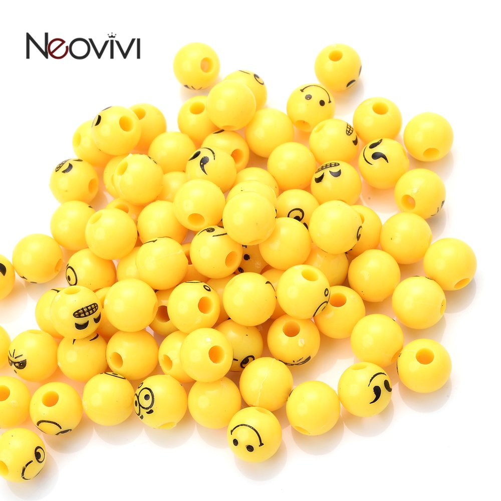 50pcs 10mm Expression ลูกปัดอะคริลิคสีเหลืองยิ้มรอบ Spacer ลูกปัดสำหรับเครื่องประดับทำสร้อยข้อมือ DIY อุปกรณ์เสริม