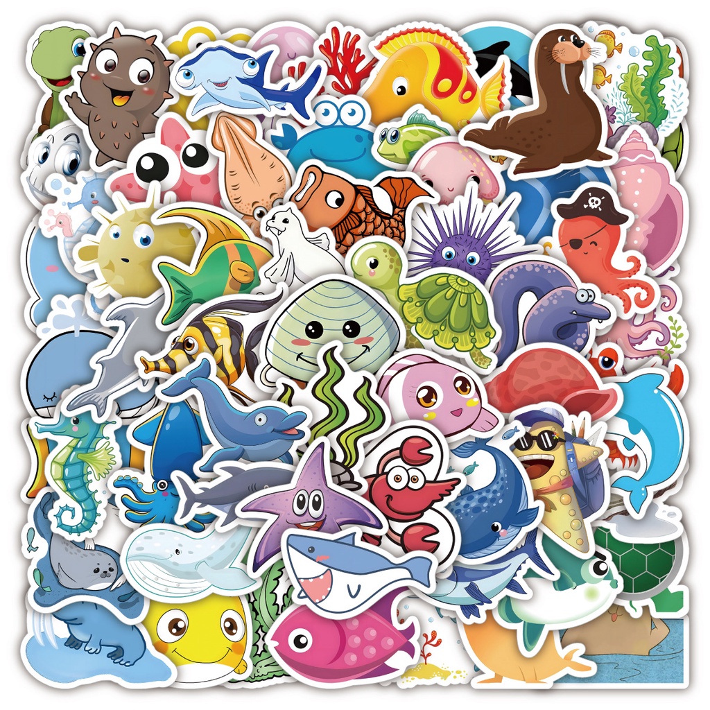 สติกเกอร์ PVC ลายการ์ตูนสัตว์ทะเลลึก และปลาน่ารัก กันน้ํา 60 ชิ้น