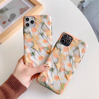 11 promax iPhone case เคสนิ่ม เนื้อซิลิโคน for iPhone X XS MAX XR  7+ 8PLUS full cover case ริ้วดอกไม้ส้ม