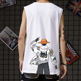 เสื้อยืดแขนกุดผู้ชายลายหมวกฟางแฟชั่น Luffy