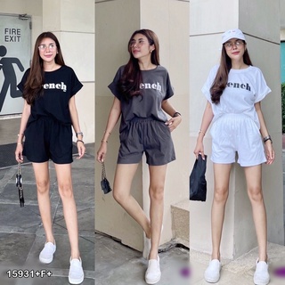 WST15931 Set 2 ชิ้น เสื้อแขนเบิ้ล สกีนตัวหนังสือ มาพร้อมกางเกงขาสั้นทรงสวย พร้อมกระเป๋าข้าง เนื้อผ้าคอตต้อ