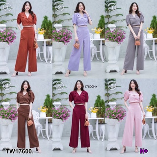 👗Pfashion [ส่งไว!!🚛] P17600 Set 2 ชิ้น เสื้อครอปแขนพองชายจั้ม + กางเกงขายาว