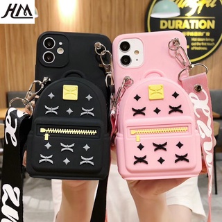 เคส Huawei Y5 Y6 Y7 Y9 Pro Prime Honor 8S 2018 2019 2020 ทรงกระเป๋านักเรียน กระเป๋าใส่เหรียญโทรศัพท์ สีชมพู สีดํา + พร้อมสายคล้อง