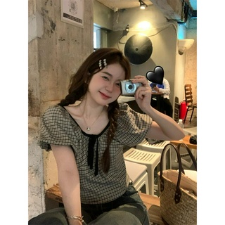 65012 เสื้อเชิ้ต แขนสั้น ลายสก็อต ผูกเชือก สําหรับผู้หญิง
