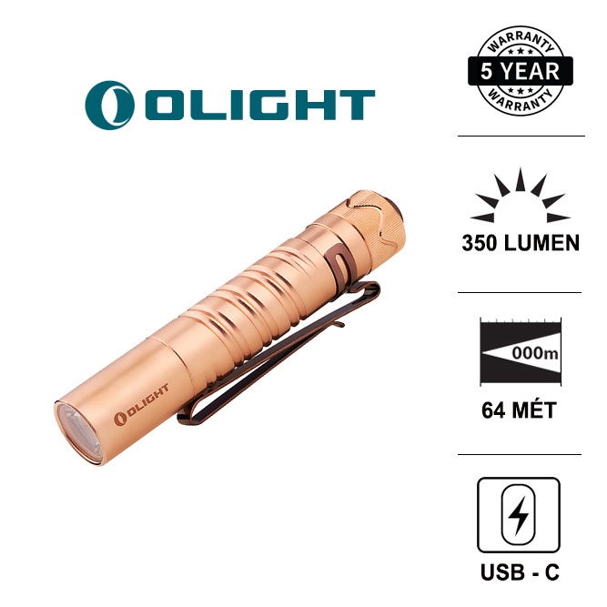 Đèn pin mini OLIGHT I5R EOS Copper sáng 350 lumen chiếu xa 64m pin sạc 14500 cổng sạc Type-C