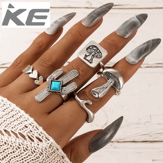 Vintage ring cactus turquoise mushroom love silver 5-piece ring female for girls for women low