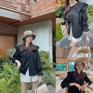 เบจ/น้ำตาล/ดำ 🥨 SLYQ BRISTOL RUFFLE COLLAR OVERSIZED BLOUSE เสื้อแขนยาวกระดุมหน้าแต่งปก ผ้าคอตตอน