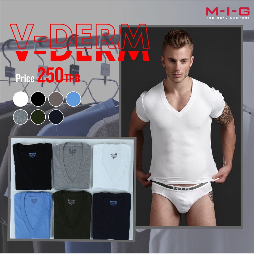 M-I-G V Derm เสื้อยืดคอวีลึก เสื้อผู้ชาย ผ้านุ่ม ใส่สบาย ระบายอากาศ ใส่ได้ทุกวัน ลำลอง