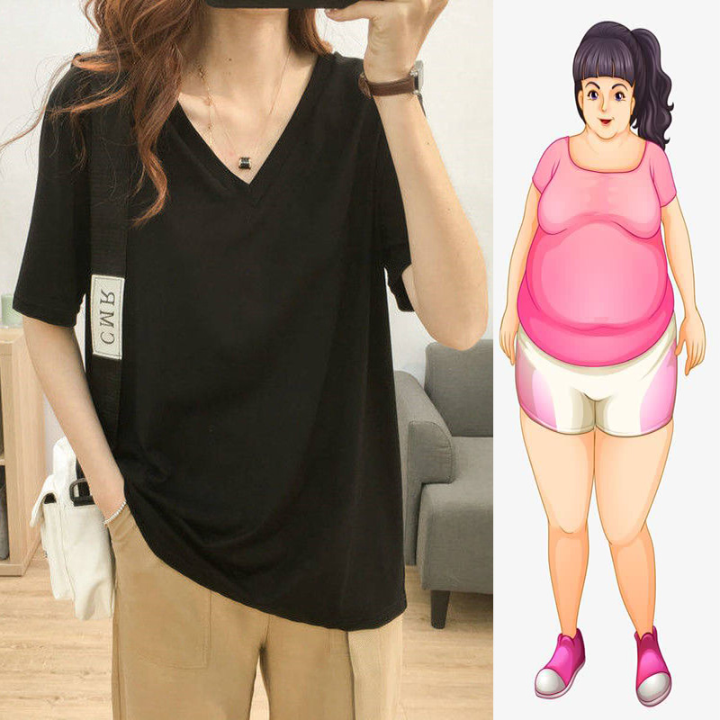 【พร้อมส่ง】เสื้อยืดคอวี แขนสั้น ทรงหลวม สีพื้น พลัสไซซ์ สําหรับผู้หญิง (40-150 กก.) (7 สี)