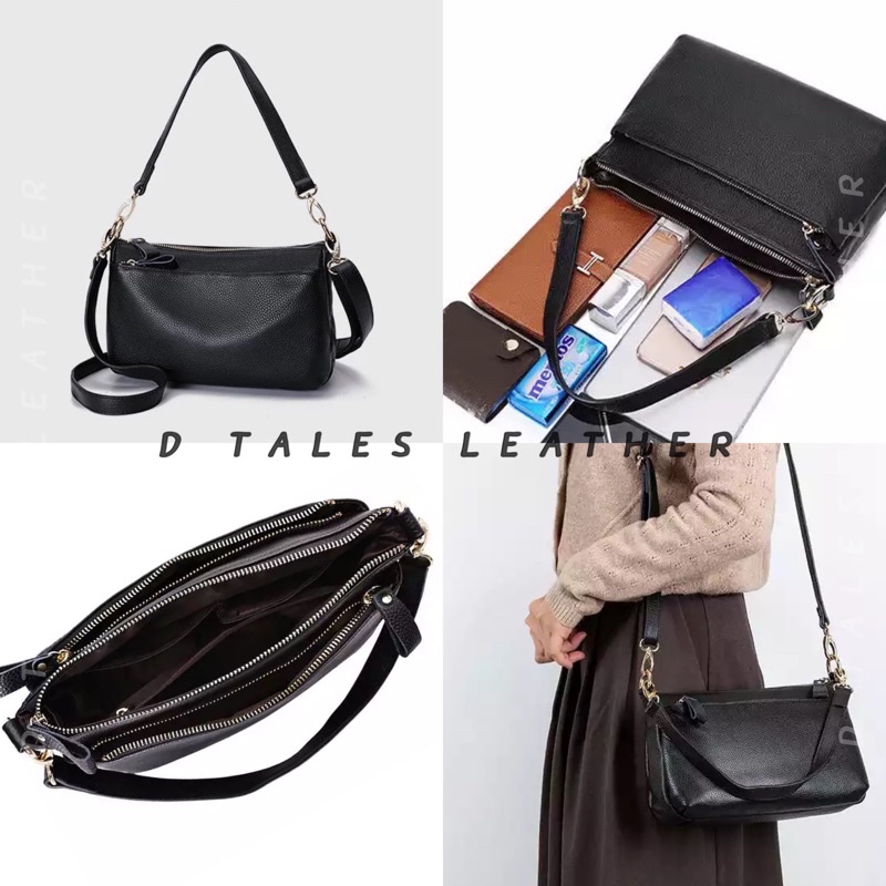 DTALES กระเป๋าหนังแท้ 3ช่อง จุได้เยอะมากๆ น้ำหนักเบา กระเป๋าสะพาย 2สาย หนังวัวแท้ทั้งใบ