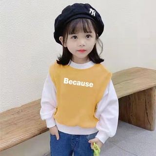🎈 เสื้อสเวตเตอร์เด็ก 🎈 เด็กผู้หญิง เสื้อเด็ก สองชิ้นปลอม พิมพ์ลายตัวอักษร คอกลม เสื้อยืดแขนยาว🐬🐬ไซส์ 90-140