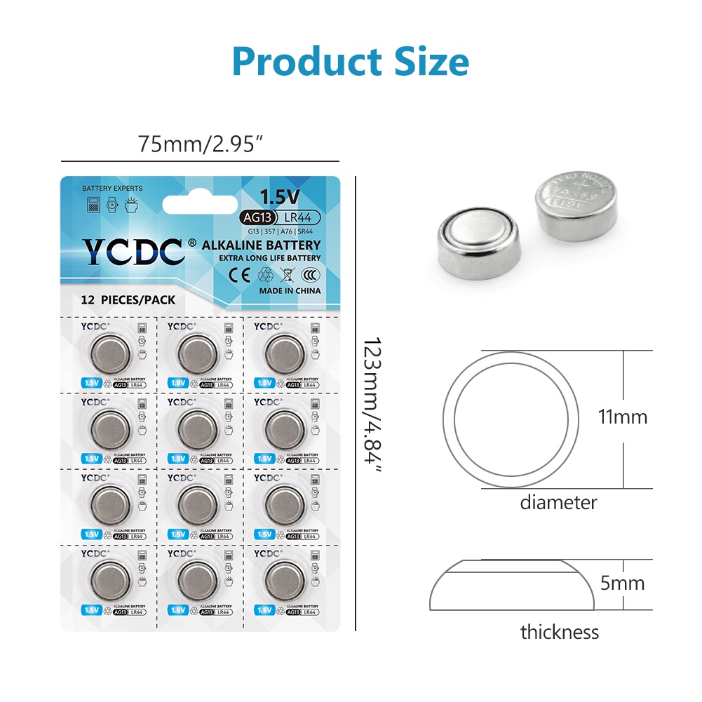 YCDC Button Battery 48pcs/4Cards AG13 LR 44 LR44 357 SR44 G13 Cell Coin Alkaline Battery 1.5V AG 13 
