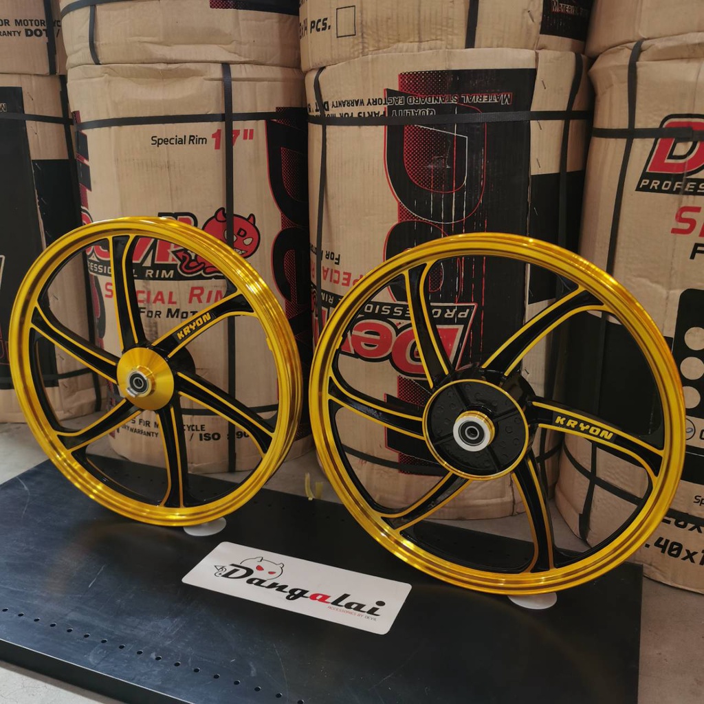 ล้อแม็ก เวฟ110i W110i ,W125iปลาวาฬ, 6ก้าน ทูโทน 1.40×17 หน้าดิสหลังดั้ม แถมลูกปืน+บูชกลางล้อ ขายเป็นคู่ – สีทองปัดดำ