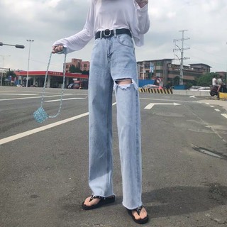 ซื้อ 2 ชิ้น เพียง ฿199👖พร้อมส่ง👖กางเกงยีนส์ เอวสูง ขากระบอก ผ้าบาง(1800)