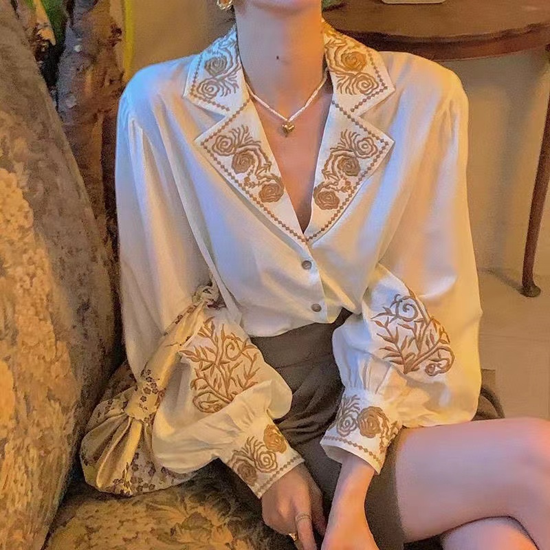 เสื้อเชิ้ตแขนยาว ทรงหลวม ปักลาย สไตล์เกาหลี สําหรับผู้หญิง พร้อมส่ง