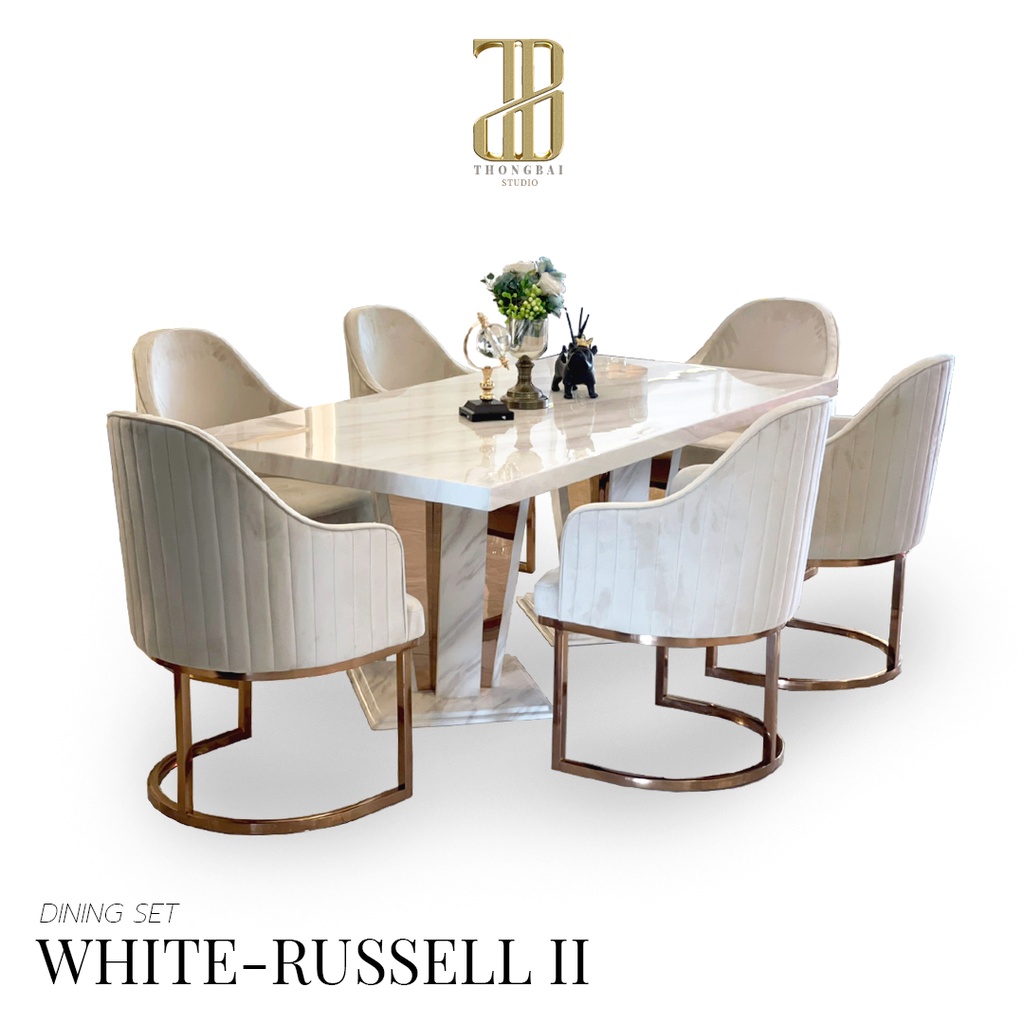 WHITE-RUSSELL II : luxurious Italian dining set ชุดโต๊ะอาหารเหลี่ยม หินอ่อน 6ที่นั่ง 200cm. รุ่น ไวท์-รัสเซล 2