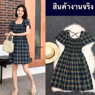 Dres เดรสผ้าหางกระรอก พิมพ์ลายสก็อตทั้งชุด อกยืดสม็อค ดีเทลแต่งสายกากบาท กระโปรงปล่อยสวิงสวยๆ งานดีใส่สบาย พร้อมส่ง สี :