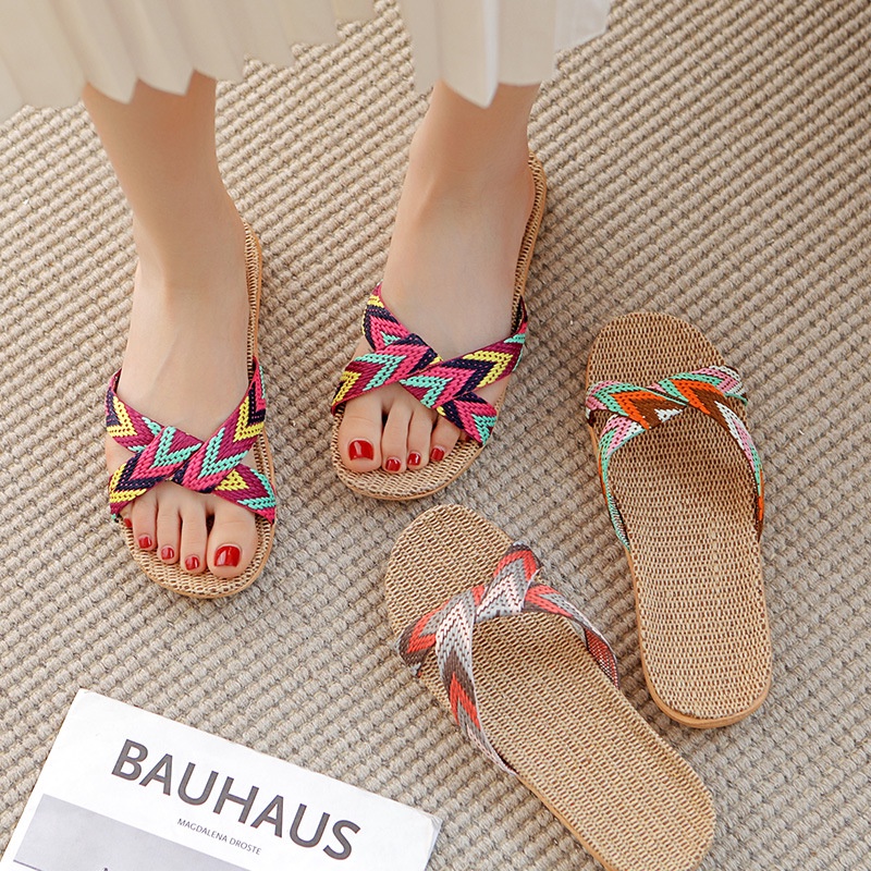 รองเท้าแตะ Selop Flat Open Toe Bahan Kain Flax Breathable