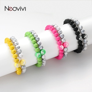 2Pcs/Set สร้อยข้อมือคู่ คลาสสิกหินธรรมชาติสีขาวและสีดำไทเก็กลูกปัดสร้อยข้อมือผู้ชายและผู้หญิงเครื่องประดับแฟชั่น