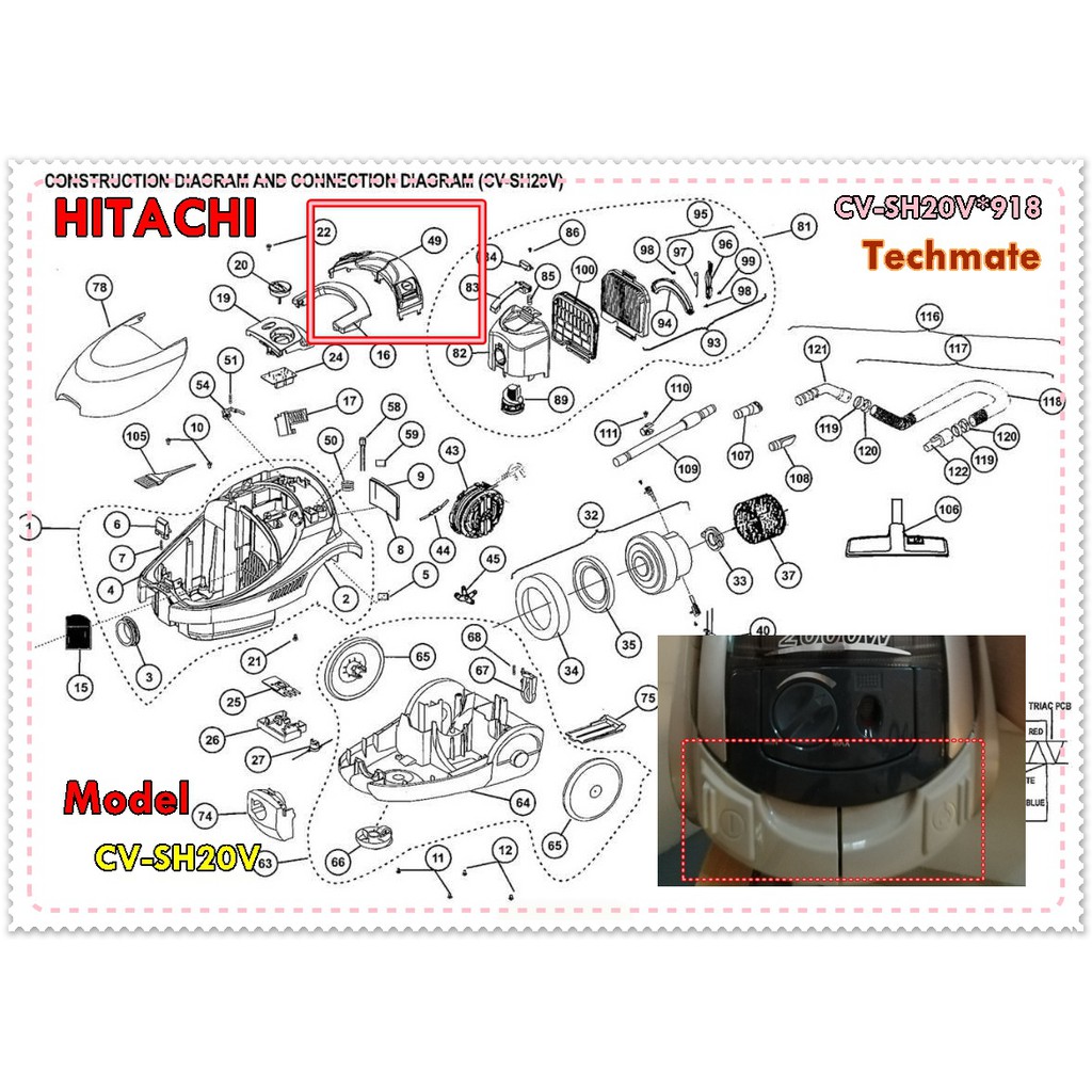 อะไหล่ของแท้/ปุ่มสวิตย์เปิดเครื่องเครื่องดูดฝุ่นฮิตาชิ/HITACHI/CV-SH20V*918