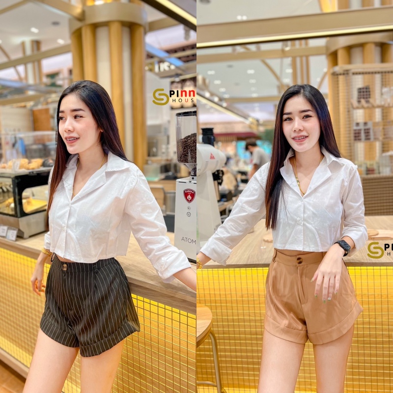 SpinnyHouse เสื้อเชิ้ต ครอปเชิ้ตแขนสั้น สไตล์สีขาวแมททุกลุคจะชิว ออกงาน แฮ้งเอ้าท์ ไปได้หมด รุ่น ครอปเชิ้ต