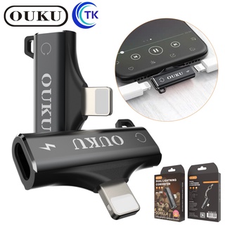 NEW OUKU LS01 หัวแปลงฟังเพลง ไม่รองรับหูฟังแบบเชื่อมบลูทูธ 2in1 Dual ไลท์นิ่ง converter ไลท์นิ่ง Audio+ไลท์นิ่ง charging