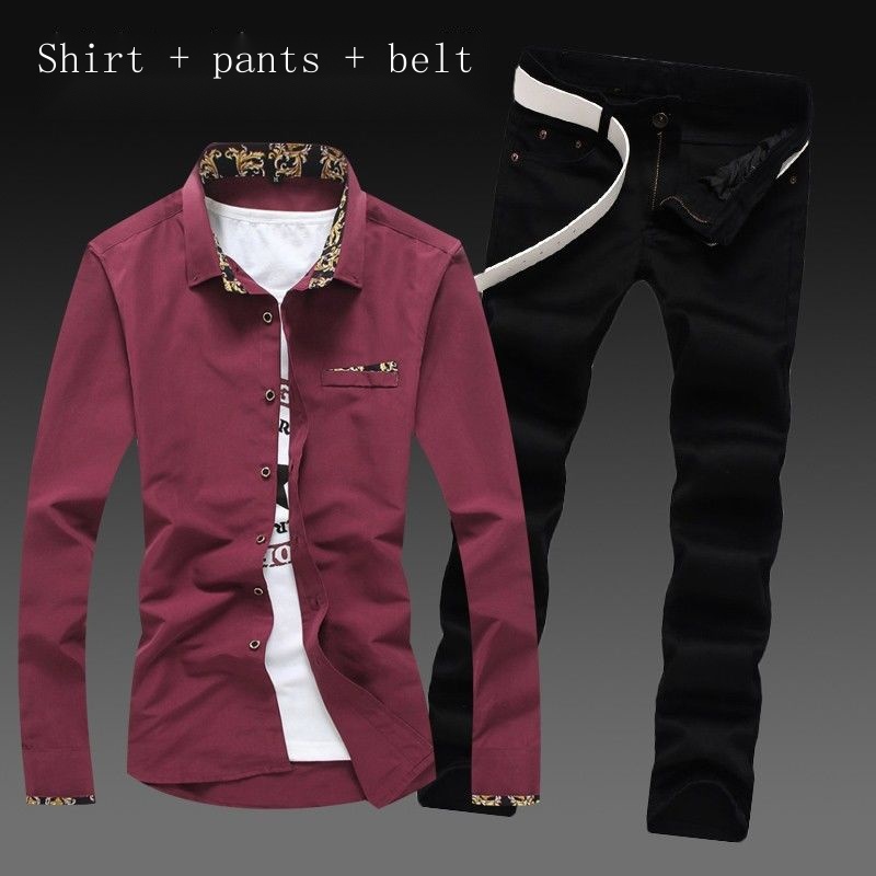 ﹉Three-piece new casual men s shirt and long pants denim suit Korean version trend solid color #3