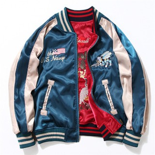 ใส่สองด้าน​ ผ้าหนา​เงา⭐️Yokosuka Satin Crane Bee Embroidery​ Baseball Jacket_36