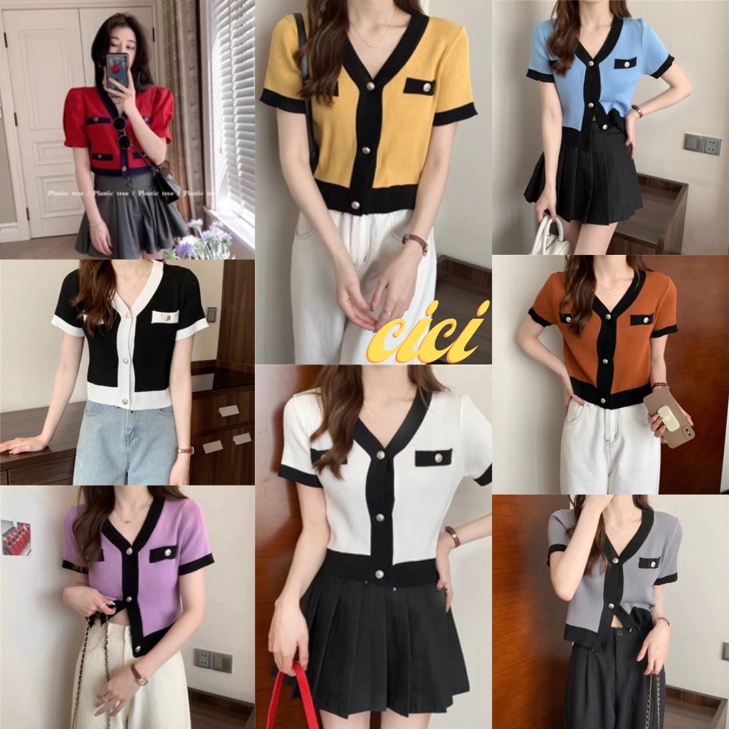 ส่งทันที Cici(NO. 10035-1)เสื้อไหมพรมแขนสั้นคอวีแขนสั้น มีกระดุมหน้า ทรงสวย สีตัดขอบ ใส่สวย ดูดี หรูหรา