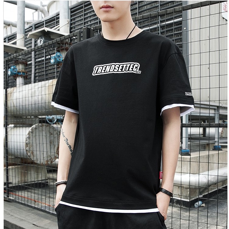 แขนสั้นอินเทรนด์VK เสื้อยืด คอกลม แขนสั้น แฟชั่นชาย แต่งลายด้านหน้า รุ่น 1010