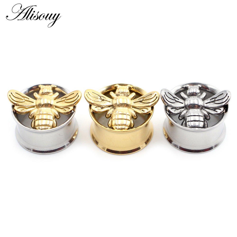 Alisouy 2 ชิ้นแฟชั่นสแตนเลสเชื่อม Bee สัตว์เจาะหู Expander ปลั๊กเนื้ออุโมงค์ Stretcher ต่างหูเครื่องวัด Body เครื่องประดับ