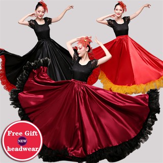 ผู้หญิงผู้หญิงหน้าท้องสเปน Flamenco เต้นรำซาตินกระโปรง Maroon สีดำองศาวงกลมบิ๊กกระโปรง Bullfighting เต้นรำเครื่องแต่งกาย