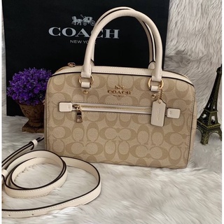 (ผ่อน0%) กระเป๋า ทรงหมอน 10 นิ้ว COACH BROWAN SATCHEL IN SIGNATURE CANVAS สี CHALK ลายซี สีขาว สะพายข้าง 83607
